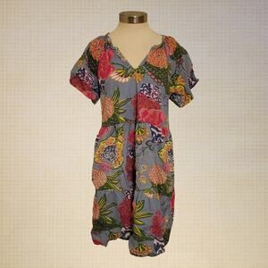 Boho 2020s Dylan Cotton Mini Dress Puff Sleeves Ruffle Hem XS Floral Print